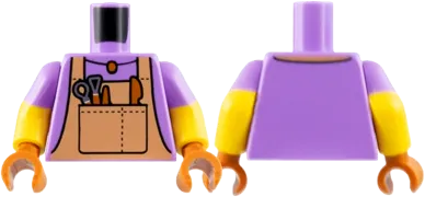 Torso Nougat Overalls, Dark Orange Pendant Necklace and Tools Pattern / Yellow Arms with Molded Medium Lavender Short Sleeves Pattern / Dark Orange Hands