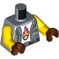 Torso Vest with Belt and Silver Zippers over White Shirt with Tire with Flames Pattern / Yellow Arms / Reddish Brown Hands