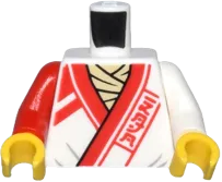 Torso Robe with Red Trim, Lines, and Ninjago Logogram 'DOJO' over Tan Shirt, Core Logo on Back Pattern / White Arm Left / Red Arm Right / Yellow Hands