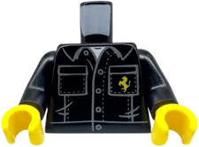 Torso Shirt with Dark Bluish Gray Buttons and Pockets Outline, White Undershirt, and Yellow Horse &#40;Ferrari Logo&#41; Pattern / Black Arms / Yellow Hands