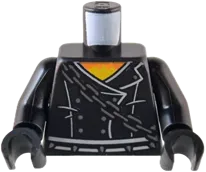 Torso Leather Jacket with White Trim and Belt, Silver Buttons and Chain over Orange and Yellow Flame Shirt Pattern / Black Arms / Black Hands