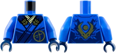 Torso Ninja Robe with Dark Blue Trim and Gold Buckles over Bright Light Yellow Sash, Ninjago Logogram 'J' in Circle, Dragon Head and Orb on Back Pattern / Blue Arms / Dark Blue Hands