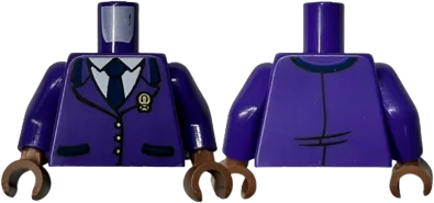 Torso Jacket Closed with Gold Envelope Badge and Buttons over White Shirt and Dark Blue Tie Pattern / Dark Purple Arms / Medium Brown Hands
