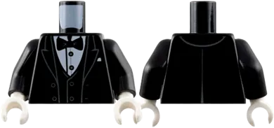 Torso Tuxedo Jacket Open with Dark Bluish Gray Outlined Lapels over Vest and White Shirt with Silver Buttons, Bow Tie, Pocket Square Pattern / Black Arms / White Hands
