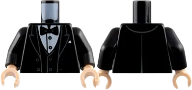 Torso Tuxedo Jacket Open with Dark Bluish Gray Outlined Lapels over Vest and White Shirt with Silver Buttons, Bow Tie, Pocket Square Pattern / Black Arms / Light Nougat Hands