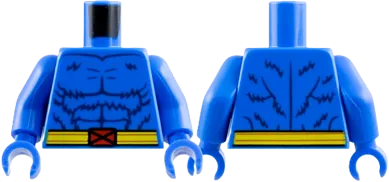 Torso Dark Blue Fur and Muscles Outline, Yellow Belt with Red X-Men Logo Buckle Pattern / Blue Arms / Blue Hands