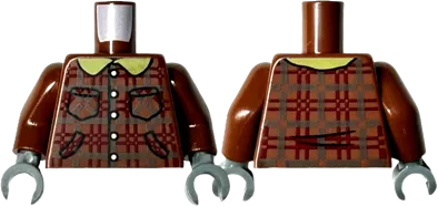 Torso Plaid Jacket with Dark Brown and Dark Red Lines, Silver Buttons, Yellow Collar, and Pockets Pattern / Reddish Brown Arms / Dark Bluish Gray Hands
