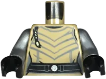 Torso Female SW Leather Armor with Dark Bluish Gray Chevron Lines, Tan Hair Braid, Black Belt with Silver Buckle, Clasps on Back Pattern / Flat Silver Arms / Black Hands