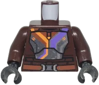 Torso SW Dark Silver Mandalorian Armor Plates with Dark Purple, Orange, and Silver Stripes, Reddish Brown Belt with Buckle and Pouches Pattern / Dark Brown Arms / Black Hands