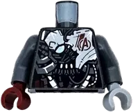 Torso Armor Robot with Black, White, Silver and Dark Bluish Gray Panels and Dark Red Avengers Logo Pattern / Dark Bluish Gray Arms / Light Bluish Gray Hand Left / Dark Red Hand Right