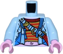 Torso Open Quilted Jacket over Red and Gold Striped Shirt and Bright Pink Stomach, Strap with Pouch Pattern / Bright Light Blue Arms / Bright Pink Hands