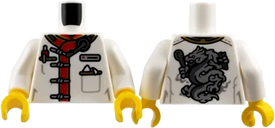 Torso Restaurant Uniform, Red and Gold Trim, Silver Name Badge, Strap Buttons and Dragon on Back Pattern / White Arms / Yellow Hands