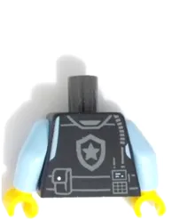 Torso Police Safety Vest with Silver Star Badge Logo, Dark Bluish Gray Radio, Belt and Pockets over Bright Light Blue Shirt Pattern / Bright Light Blue Arms / Yellow Hands