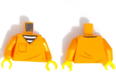 Torso Prison Jumpsuit Top with Dark Orange Pocket and Wrinkles over Black and White Striped Undershirt Pattern / Orange Arms / Yellow Hands