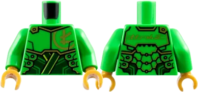 Torso Armor Plates over Dark Green Tunic, Gold Trim and Ninjago Logogram Letter L, 'LLOYD' on Back Pattern / Bright Green Arms / Pearl Gold Hands