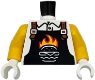 Torso Black Overalls with Burger Outline, Red and Bright Light Orange Flames and Dark Orange Straps over Shirt Pattern / Yellow Arms / White Hands