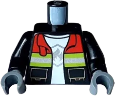 Torso Fire Jacket Open with Pockets, Red Collar, and Silver and Lime Reflective Stripes over White T-Shirt with Fire Logo Badge Pattern / Black Arms / Dark Bluish Gray Hands