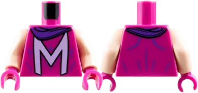 Torso Super Hero Costume with Muscles Outline and Lavender Capital Letter M, Dark Purple Scarf Pattern / Light Nougat Arms / Magenta Hands