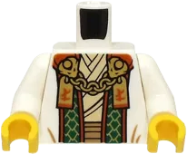 Torso Robe with Dark Green and Dark Orange Trim, Tan Shirt, Gold Chain with Tags with Ninjago Logogram Letter L Pattern / White Arms / Yellow Hands