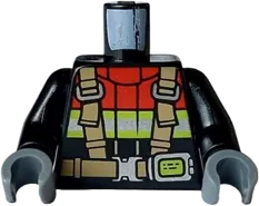 Torso Fire Jacket with Red Collar and Silver and Lime Reflective Stripes and Fire Logo Badge, Dark Tan Harness Pattern / Black Arms / Dark Bluish Gray Hands