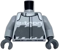 Torso with White Audi Logo, 'E-TRON' and Shoulder Stripes, Black Outlines and Dark Bluish Gray Panel Pattern / Light Bluish Gray Arms / Dark Bluish Gray Hands