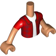 Torso Mini Doll Boy Red Checkered Shirt with Pocket, White Undershirt Pattern, Nougat Arms with Hands with Red Short Sleeves