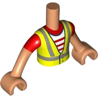 Torso Mini Doll Boy Neon Yellow Safety Vest with Recycling Logo over Red and White Striped Shirt Pattern, Light Nougat Arms with Hands with Red Short Sleeves