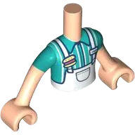 Torso Mini Doll Boy White Apron Top over Dark Turquoise Shirt with Hamburger Pin Pattern, Light Nougat Arms with Hands with Dark Turquoise Short Sleeves
