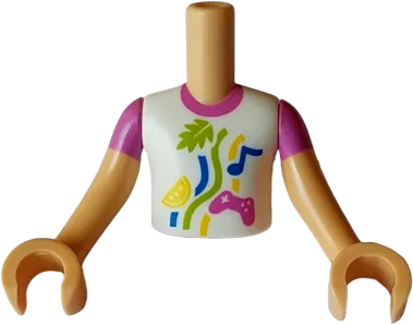 Torso Mini Doll Boy White Shirt with Dark Pink Collar and Game Controller, Blue Musical Note, Lime Leave, Yellow Lemon Slice and Lines Pattern, Medium Tan Arms with Hands with Dark Pink Short Sleeves