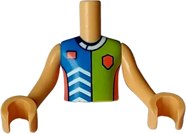 Torso Mini Doll Boy Blue, Lime, and Coral Sports Uniform Shirt with White Chevrons and Collar, Dark Blue Number 3 on Back Pattern, Medium Tan Arms with Hands