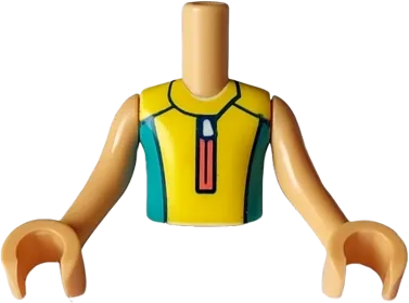 Torso Mini Doll Boy Yellow and Dark Turquoise Wetsuit with Coral Zipper and Dolphin / Whale Logo on Back Pattern, Medium Tan Arms with Hands