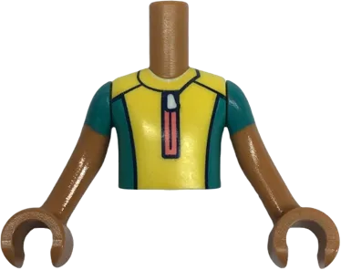 Torso Mini Doll Boy Yellow and Dark Turquoise Wetsuit with Coral Zipper and Dolphin / Whale Logo on Back Pattern, Medium Nougat Arms with Hands with Dark Turquoise Short Sleeves