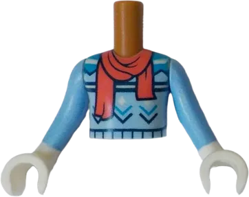Torso Mini Doll Boy Bright Light Blue Sweater with White, Dark Azure and Dark Blue Stripes, Zigzag Lines and Diamonds with Coral Scarf Pattern, Bright Light Blue Arms / Sleeves with White Hands / Gloves