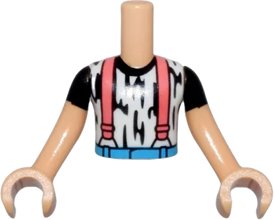 Torso Mini Doll Boy White Shirt with Black Stripes, Coral Suspenders and Dark Azure Belt Pattern, Medium Tan Arms with Hands with Black Short Sleeves