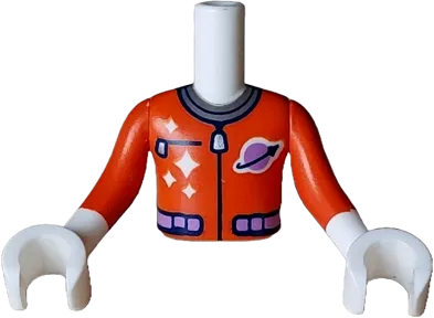 Torso Mini Doll Boy Spacesuit with Silver Collar, Zippers, Medium Lavender Classic Space Logo and Belt Pattern, White Arms with Hands with Reddish Orange Long Sleeves