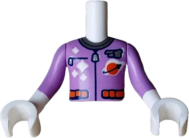 Torso Mini Doll Boy Spacesuit with Silver Collar, Zippers, Reddish Orange Classic Space Logo and Belt Pattern, White Arms with Hands with Medium Lavender Long Sleeves
