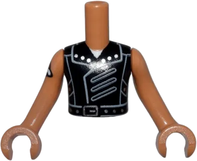 Torso Mini Doll Boy Black Vest, Light Bluish Gray Collar and Panels, Silver Buckle and Studs Pattern, White Neck, Medium Nougat Arms with Hands with Red Heart Tattoo Pattern