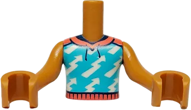 Torso Mini Doll Boy Medium Azure Hoodie Vest with White Lightning Bolts, Coral Hems and Hood, Dark Blue Drawstrings Pattern, Medium Nougat Arms with Hands