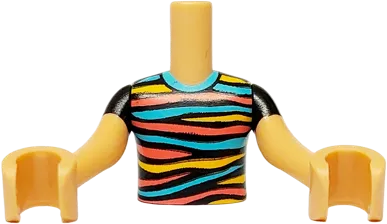 Torso Mini Doll Boy Black Shirt with Bright Light Orange, Coral and Medium Azure Stripes Pattern, Medium Tan Arms with Hands with Black Short Sleeves