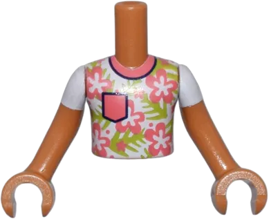 Torso Mini Doll Boy White Shirt with Coral Flowers and Pocket and Lime Leaves Pattern, Medium Nougat Arms with Hands with White Short Sleeves