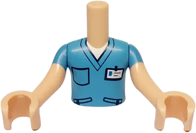 Torso Mini Doll Boy Medium Blue Scrubs Top with Dark Blue Pockets and White ID Badge Pattern, Light Nougat Arms with Hands with Medium Blue Short Sleeves