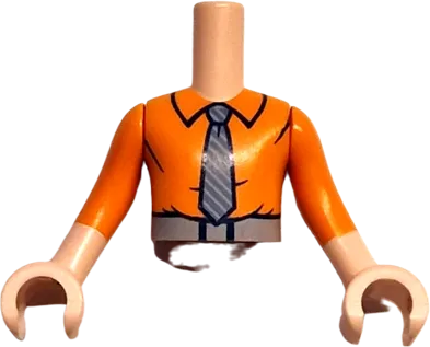 Torso Mini Doll Boy Orange Shirt with Collar, Belt with Black Buckle, Light Bluish Gray and Dark Bluish Gray Striped Tie Pattern, Light Nougat Arms with Hands with Orange Sleeves