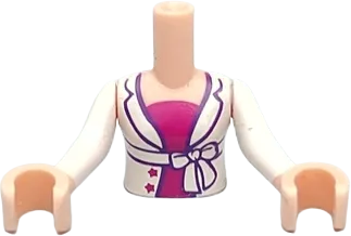 Torso Mini Doll Girl White Open Jacket with Belt over Magenta Shirt Pattern, Light Nougat Arms with Hands with White Sleeves