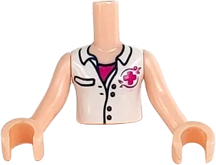Torso Mini Doll Girl White Blouse Top with Magenta Cross Logo over Magenta Shirt Pattern, Light Nougat Arms with Hands