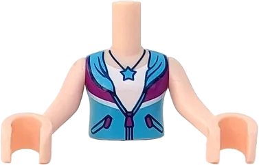 Torso Mini Doll Girl Medium Azure and Magenta Jacket over White Shirt with Star Necklace Pattern, Light Nougat Arms with Hands