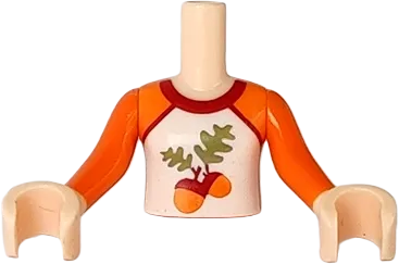 Torso Mini Doll Girl Orange Shirt with White Front and Acorns with Leaves Pattern, Light Nougat Arms with Hands with Orange Sleeves
