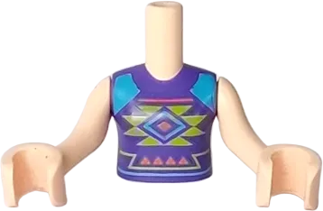 Torso Mini Doll Girl Dark Purple Shirt and Dark Azure Shoulders with Orange and Lime Diamonds and Triangles Pattern, Light Nougat Arms with Hands
