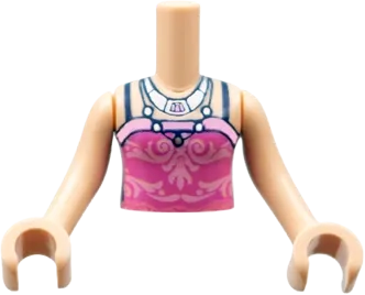 Torso Mini Doll Girl Dark Pink Top with Bright Pink Filigree, Dark Blue Straps, 2 Silver Necklaces Pattern, Light Nougat Arms with Hands