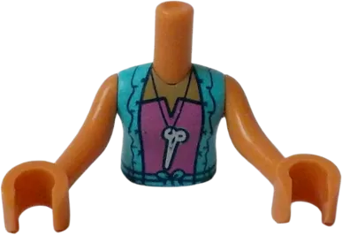 Torso Mini Doll Girl Medium Azure Vest with Ruffles over Dark Pink Top with Scissors Pattern, Nougat Arms with Hands