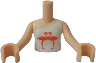 Torso Mini Doll Girl White and Light Aqua Sleeveless One Strap Top with Coral Flamingo Birds Pattern, Light Nougat Arms with Hands